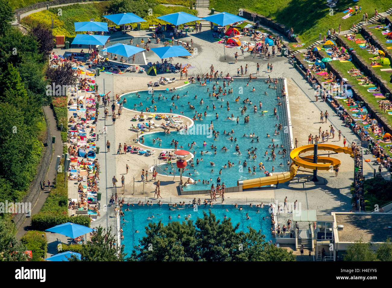 Aerial view, pool, swimmer pool with a wavy margin, Bathers in outdoor pool Annen, Witten, Ruhr district, North Rhine-Westphalia Stock Photo