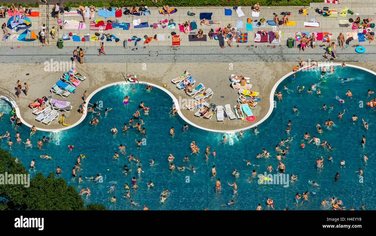 Aerial view, pool, swimmer pool with a wavy margin, Bathers in outdoor pool Annen, Witten, Ruhr district, North Rhine-Westphalia Stock Photo