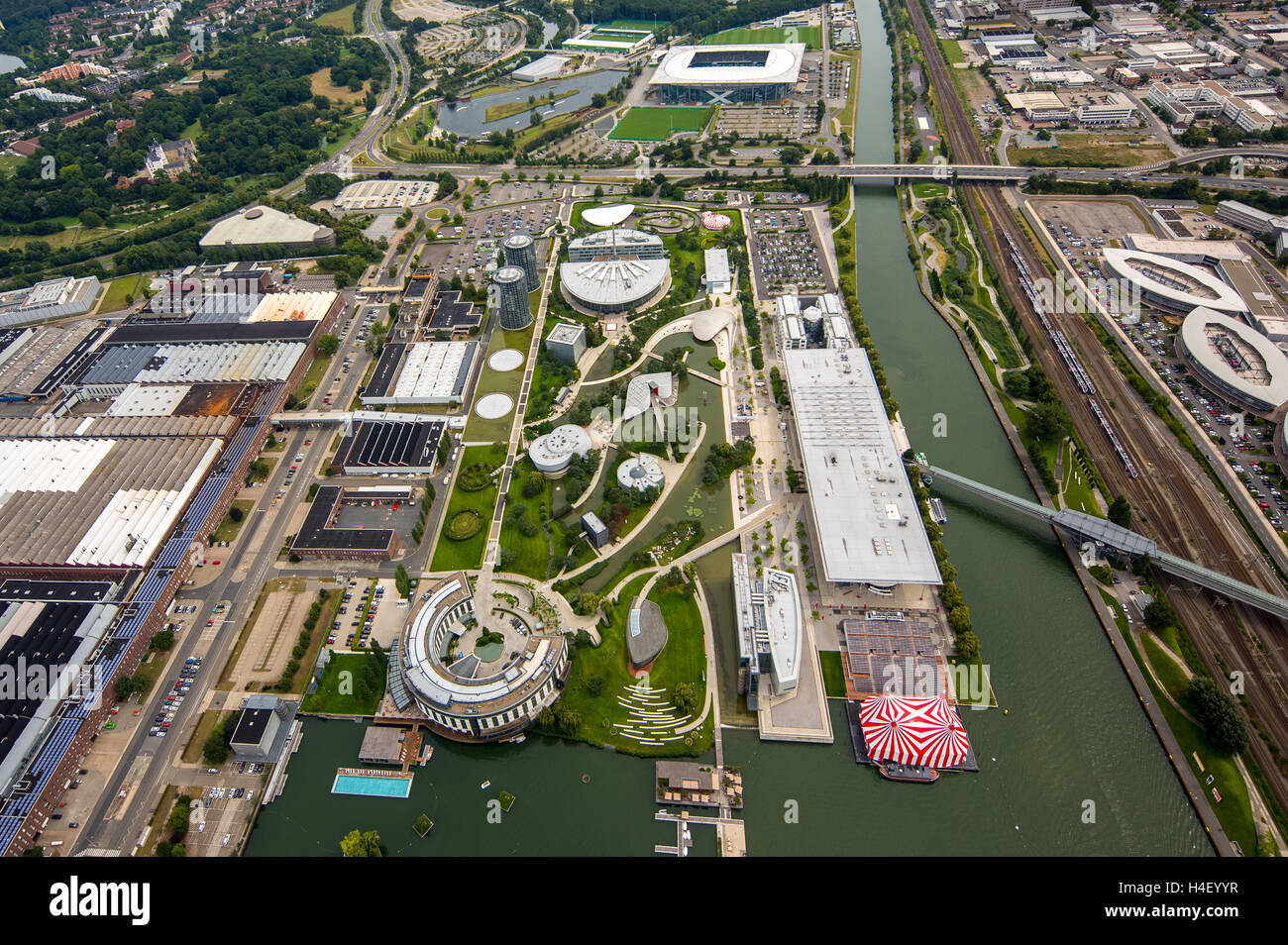 Aerial view, Volkswagen factory Wolfsburg, Autostadt and Ritz Carlton Hotel, Lower Saxony, Germany Stock Photo