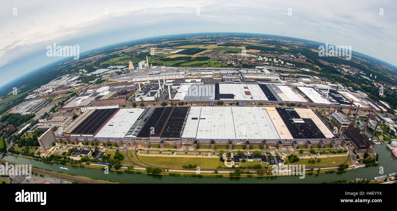 Aerial view, Volkswagen factory Wolfsburg, Autostadt and Ritz Carlton Hotel, Fish-eye lens, Lower Saxony, Germany Stock Photo