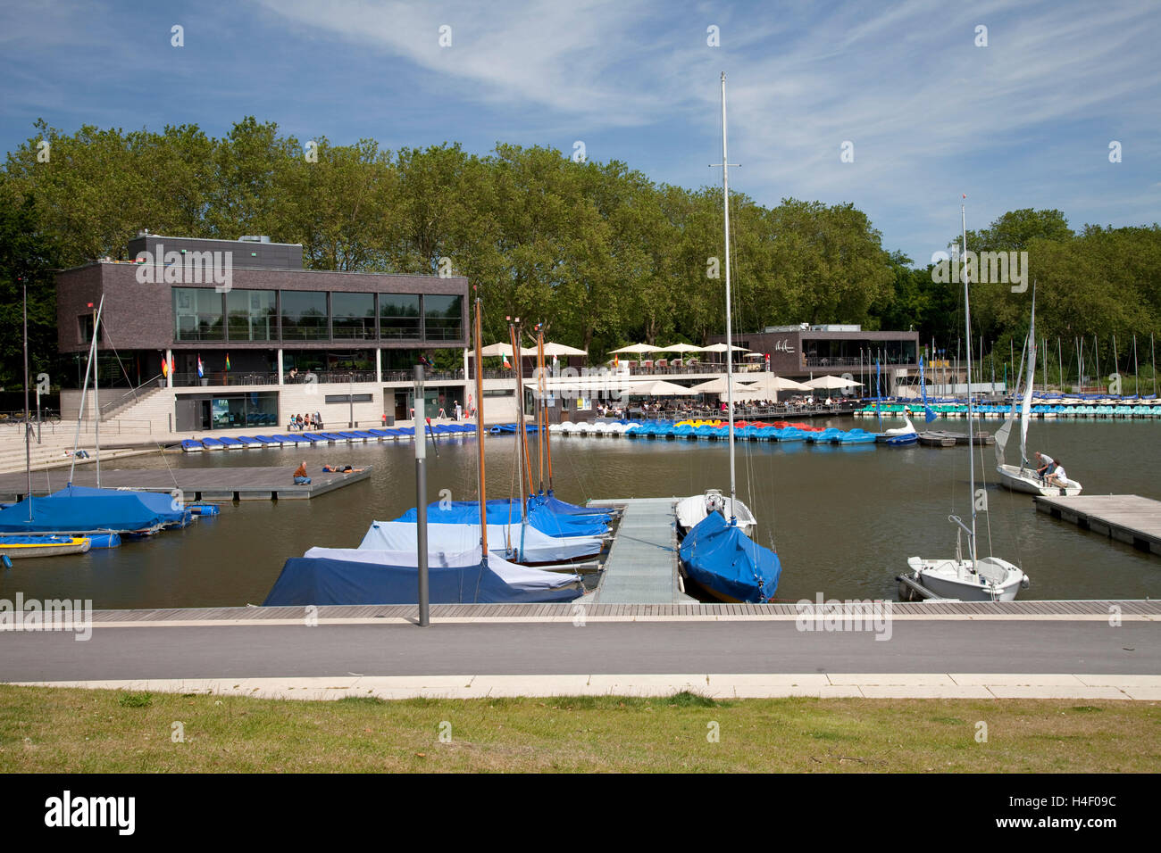 Aaseeterrassen, restaurant, harbour, Aasee Lake, Muenster, Muensterland, North Rhine-Westfalia, Germany, Europa Stock Photo