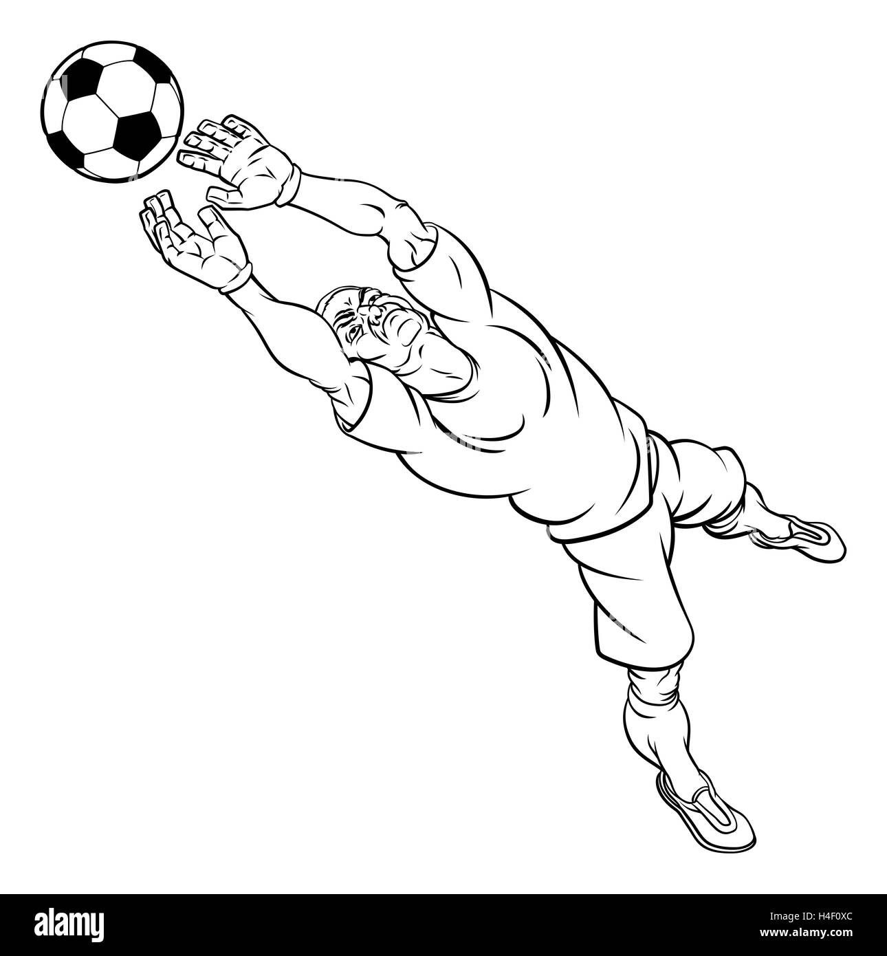 A football soccer player goal keeper cartoon character catching the ball Stock Photo