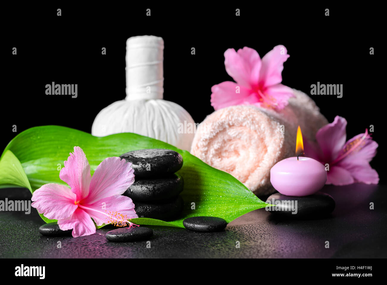 beautiful spa background of pink hibiscus flowers, leaf, candle, towel, thai herbal compress ball  and stones with drops, closeu Stock Photo