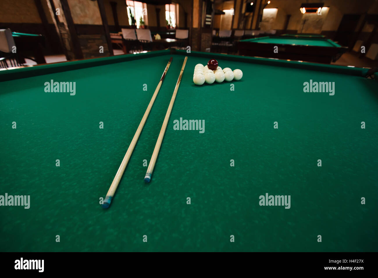 Billiard balls and pool sticks Stock Photo Alamy