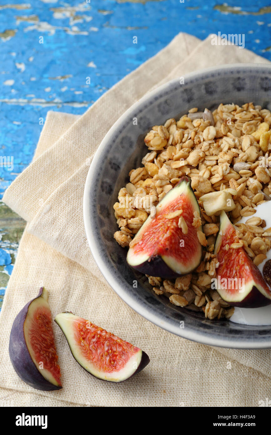 Breakfast bowl with figs, food closeup Stock Photo