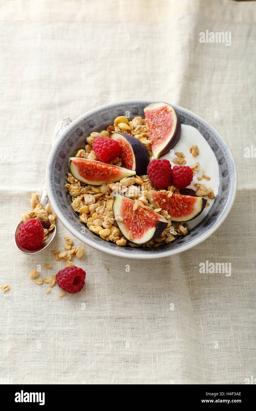 Granola with figs and raspberry, healthy food Stock Photo