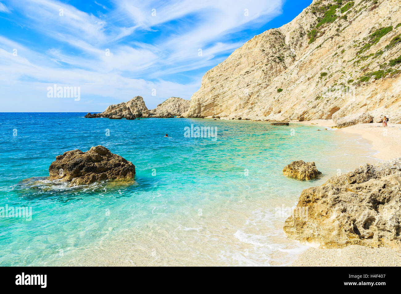 View of beautiful beach with rock cliffs on Kefalonia island, Greece Stock Photo