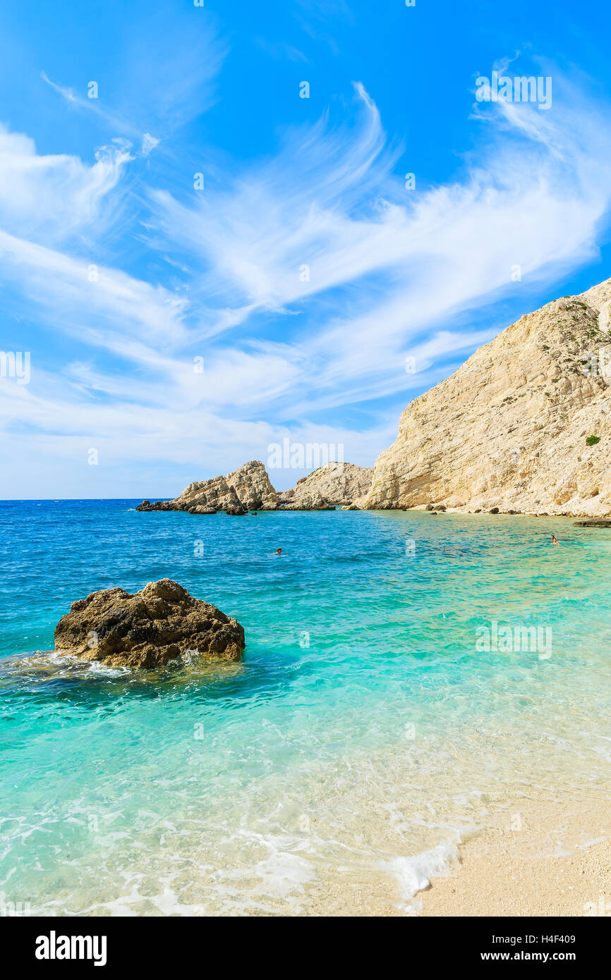 View of crystal clear turquoise sea with rock cliffs on Kefalonia island beach, Greece Stock Photo