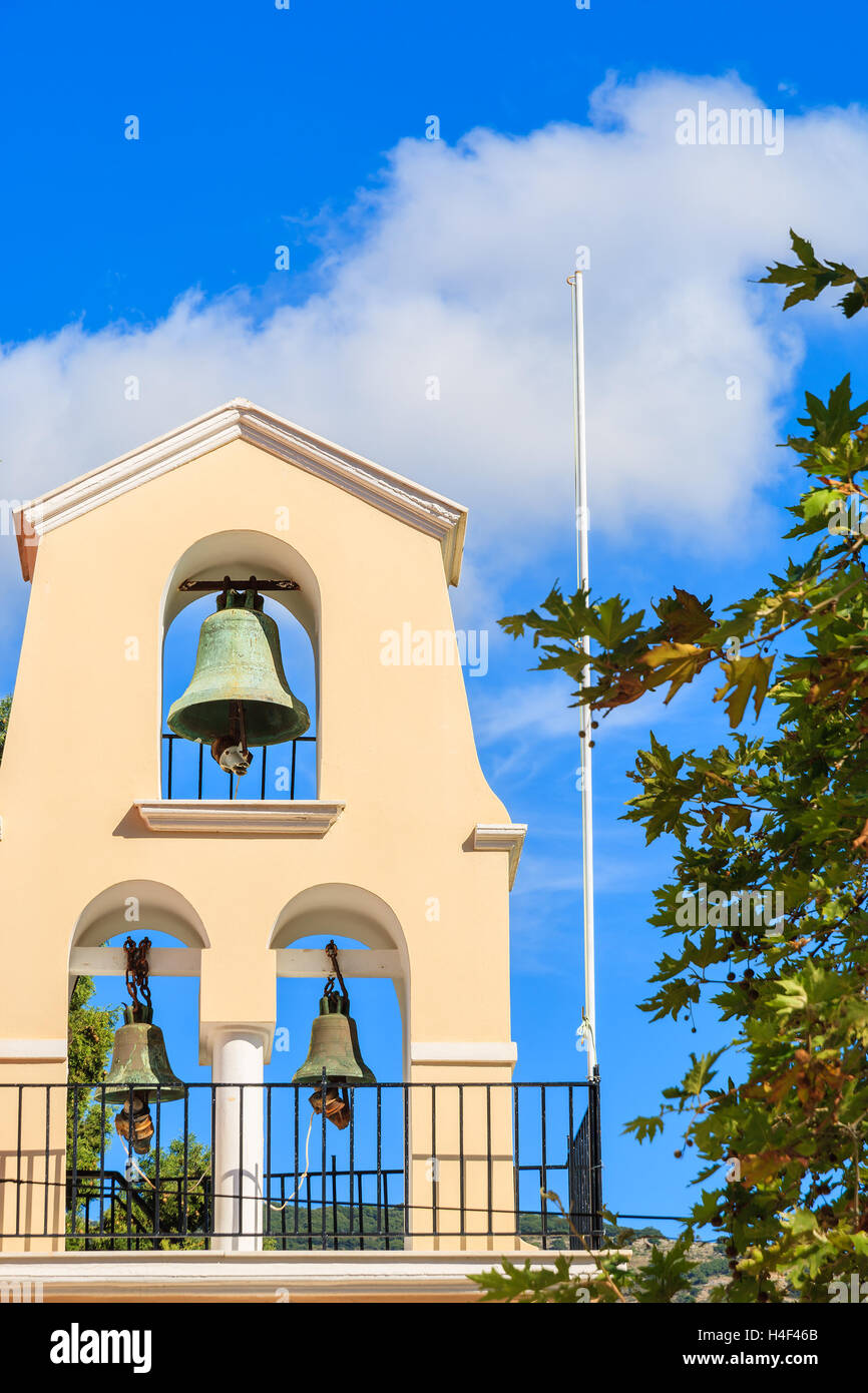Church tower with bells in Assos town, Kefalonia island, Greece Stock Photo