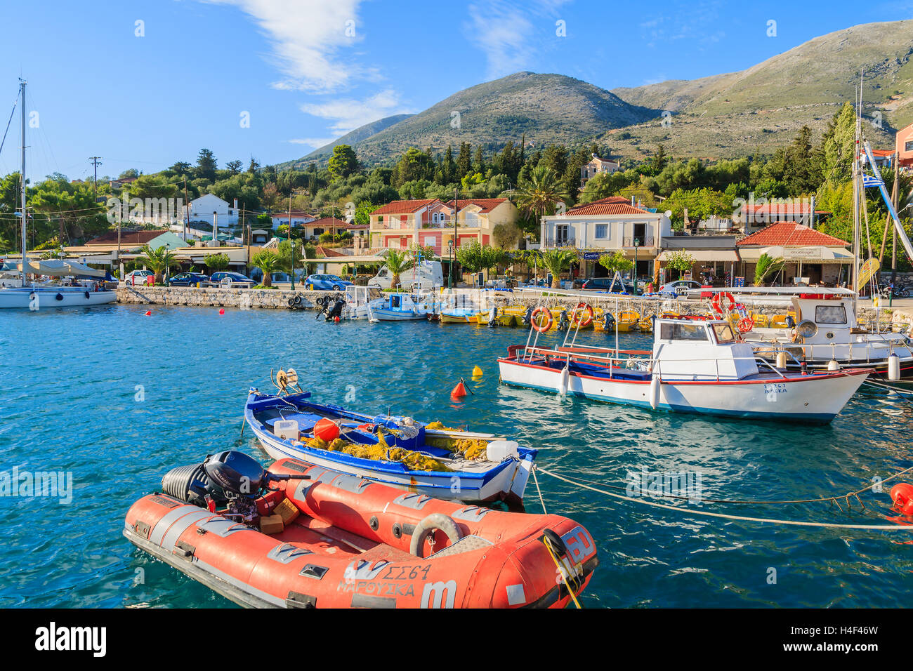AGIA EFIMIA PORT, KEFALONIA ISLAND, GREECE SEP 18, 2014 red pontoon