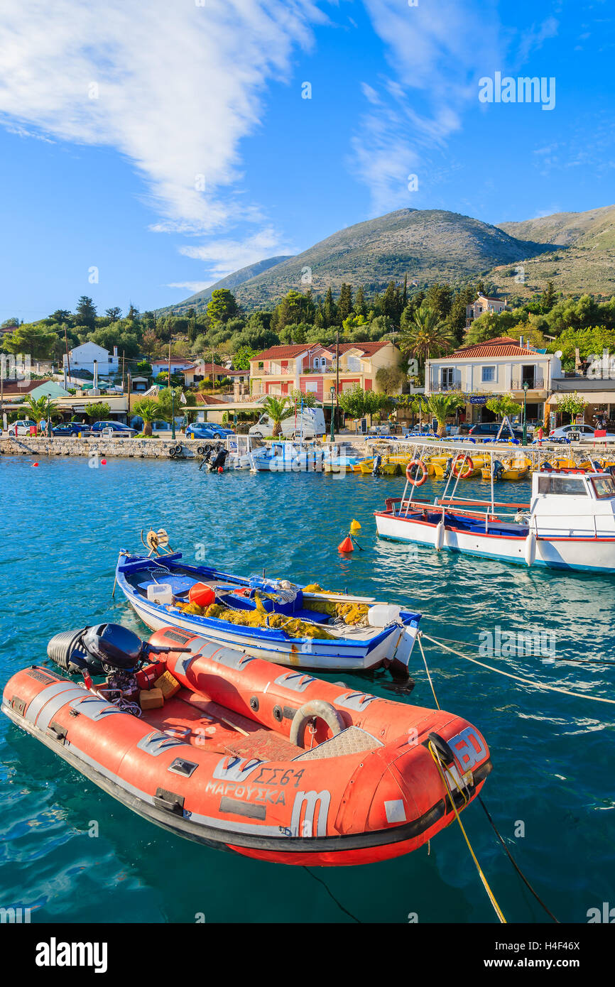 AGIA EFIMIA PORT, KEFALONIA ISLAND, GREECE SEP 18, 2014 red pontoon