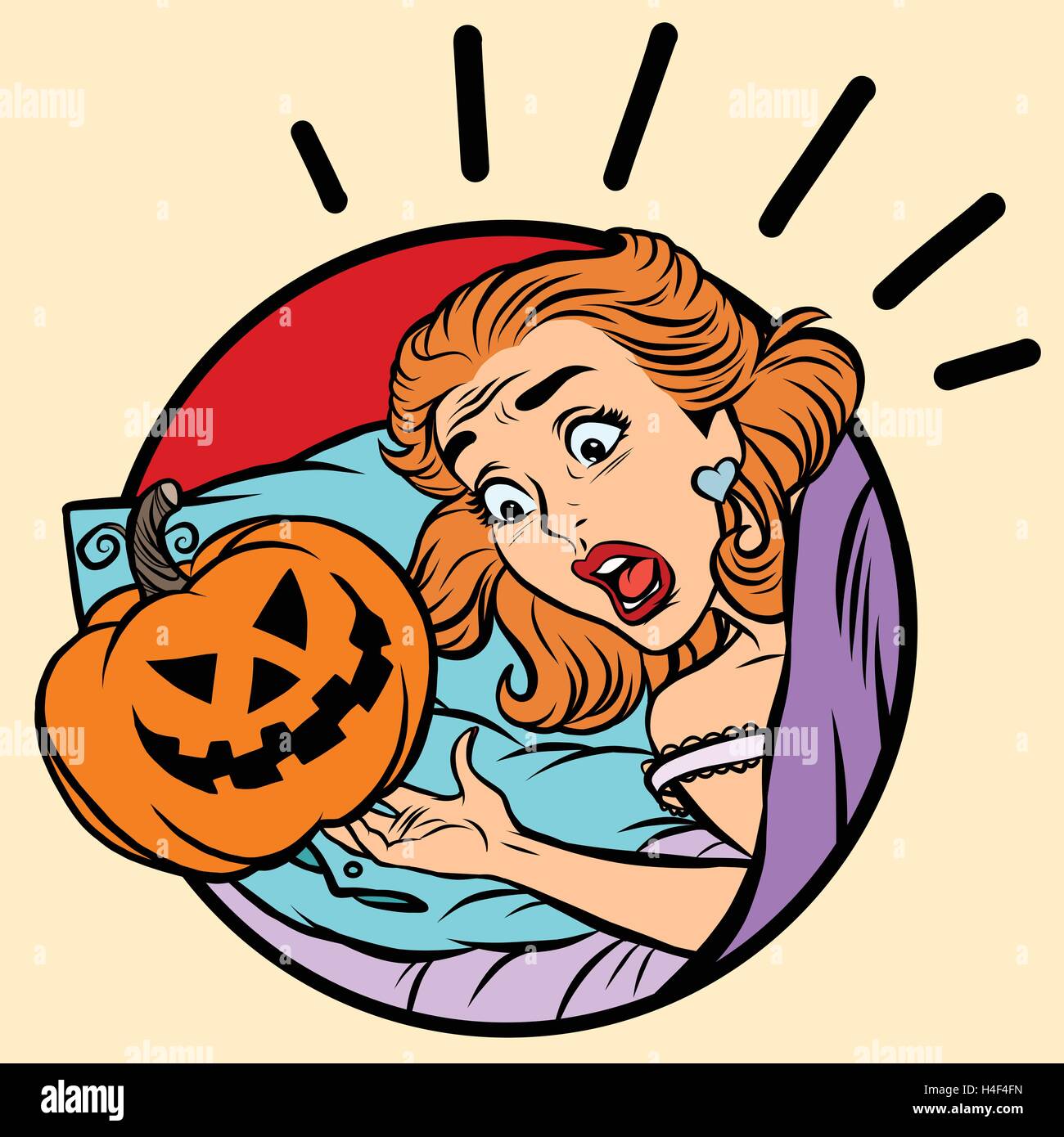 Girl scared Halloween evil pumpkin Stock Vector