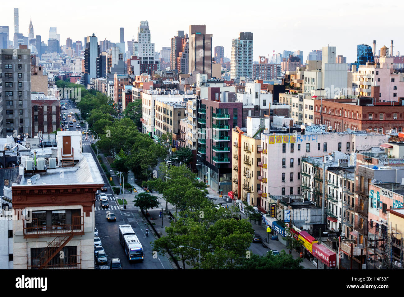 New York City,NY NYC Manhattan,Chinatown,Allen Street,north view,skyline,overhead view,meridian mall,trees,buildings,rooftops,NY160718143 Stock Photo