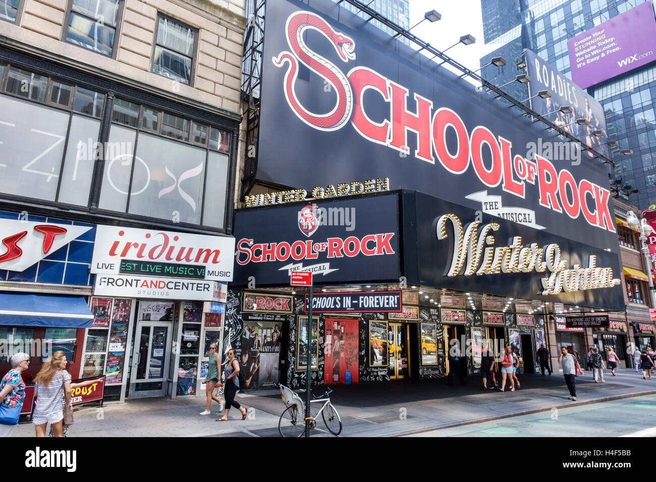New York City,NY NYC Manhattan,Midtown,Broadway,theater district,Winter Garden Theatre,School of Rock,musical,marquee,adult adults,woman female women, Stock Photo