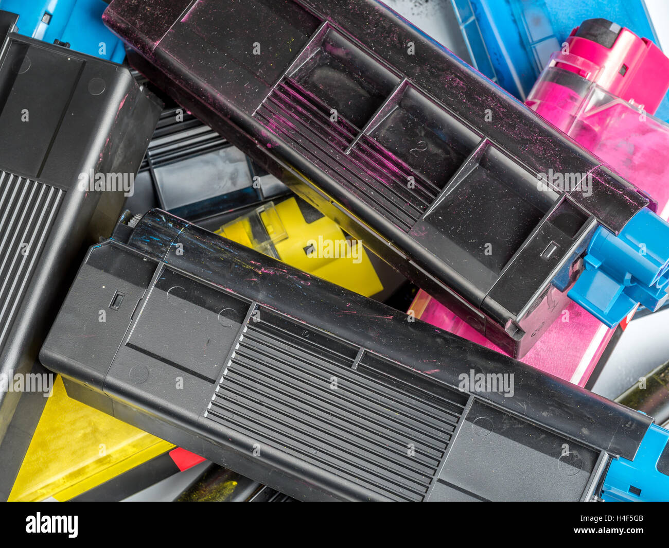 Pile of used color laser printer toner cartridges Stock Photo Alamy