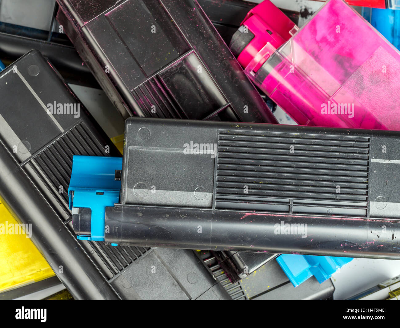 Pile of used color laser printer toner cartridges Stock Photo Alamy