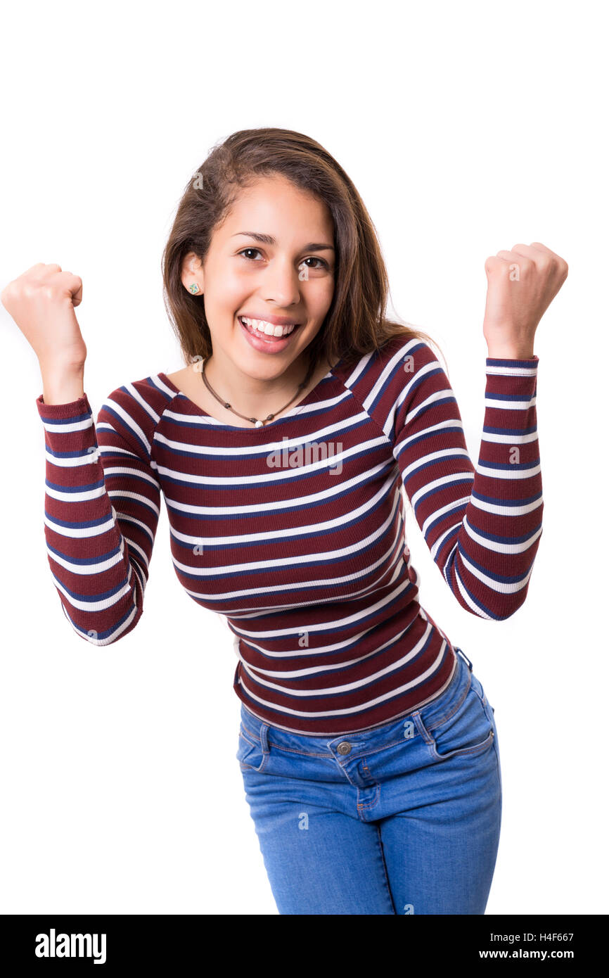 Studio shot: Happy woman with raised arms Stock Photo - Alamy