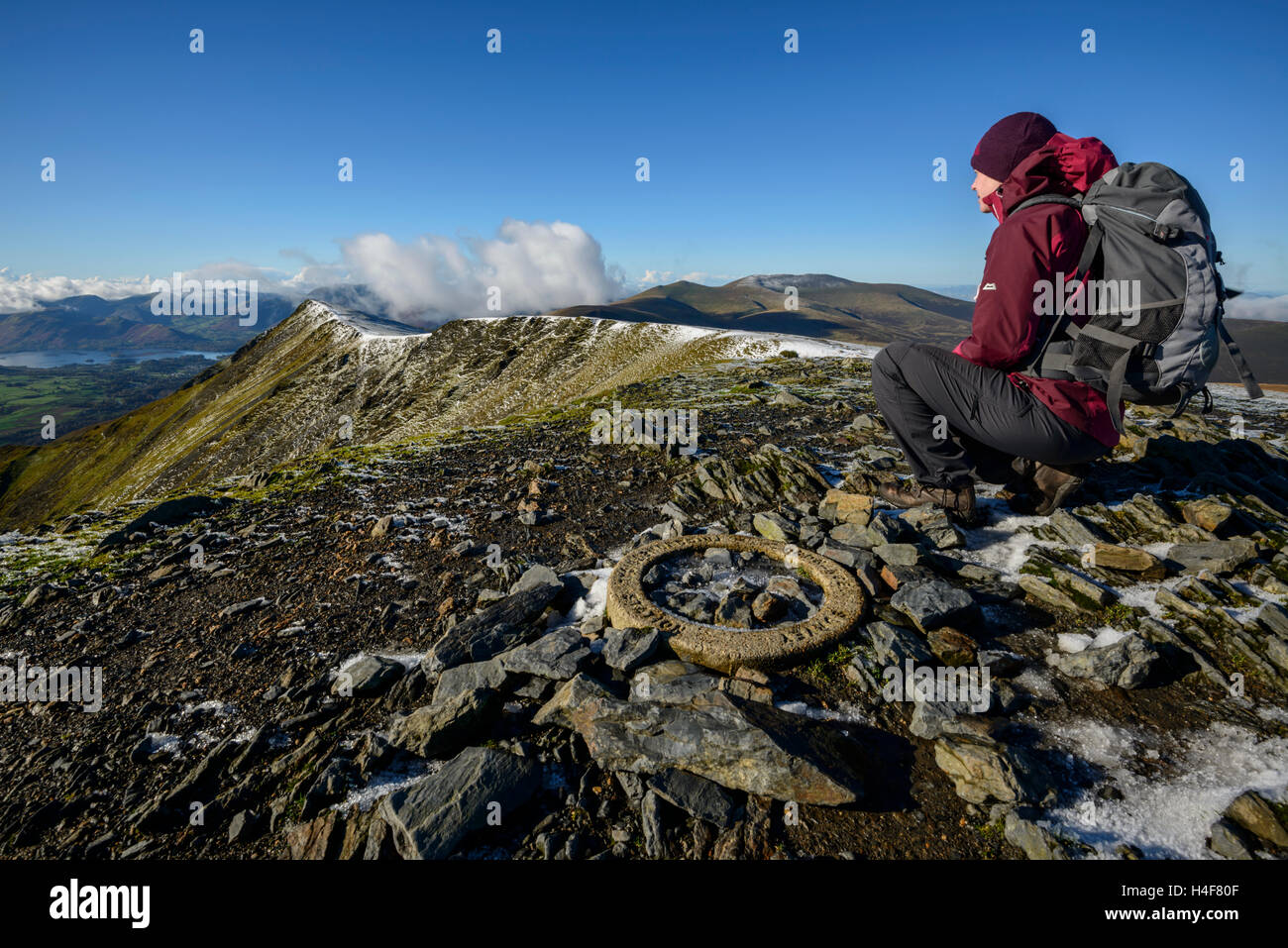 Female hillwalker on the summit of the Wainwright Blencathra ...