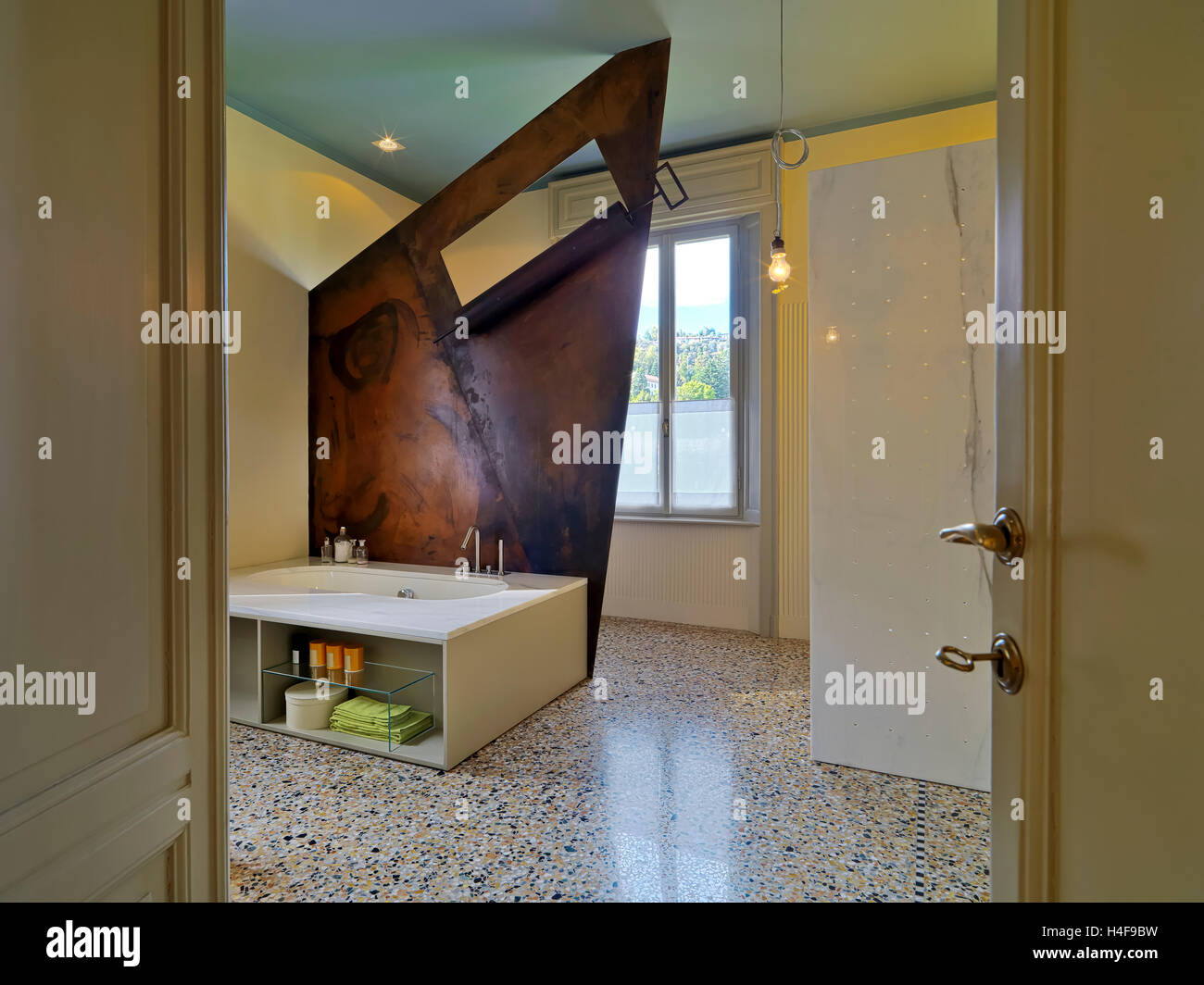 interior view of a modern bathroom with bathtub and marble floor Stock Photo