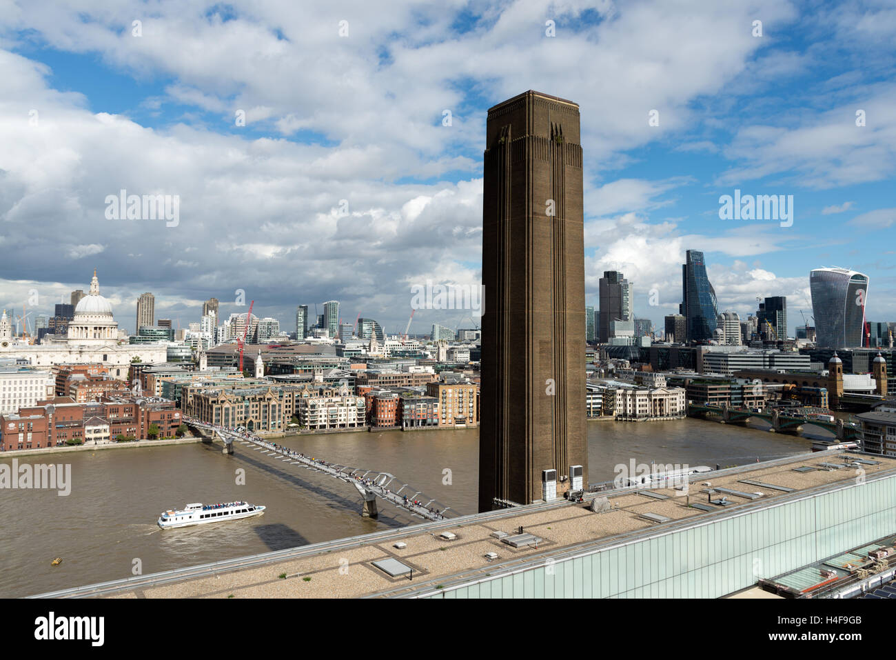 View of the river Thames and the City of London from viewing platform of the Tate Modern Switch House, England, UK Stock Photo