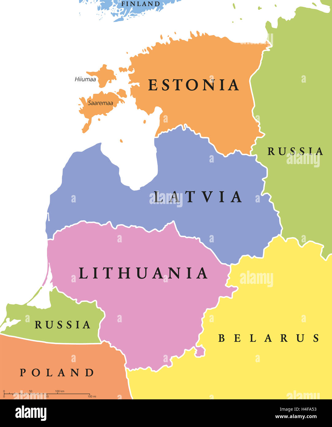 Baltic single states political map, known as Baltics, Baltic nations or states. Estonia, Latvia and Lithuania in different color Stock Photo