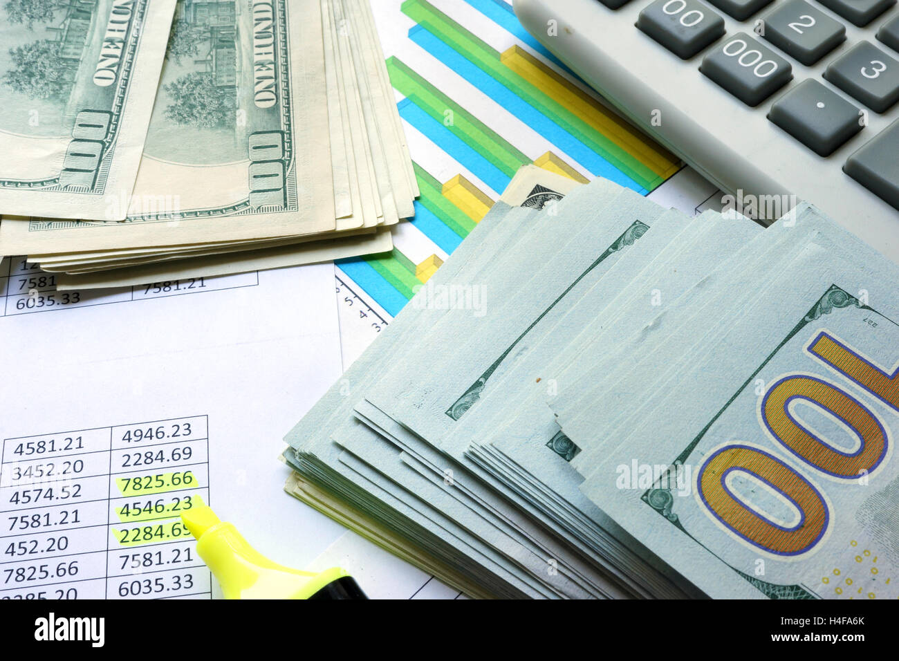 Dollars with colorful charts and calculator. Investment concept. Stock Photo