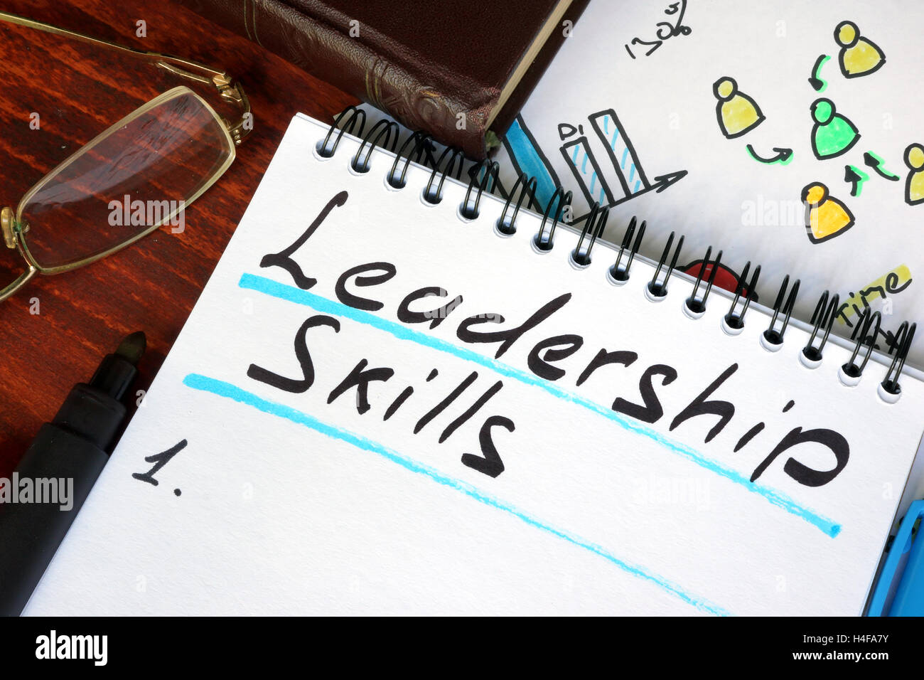 Notepad with leadership skills on a wooden surface. Stock Photo