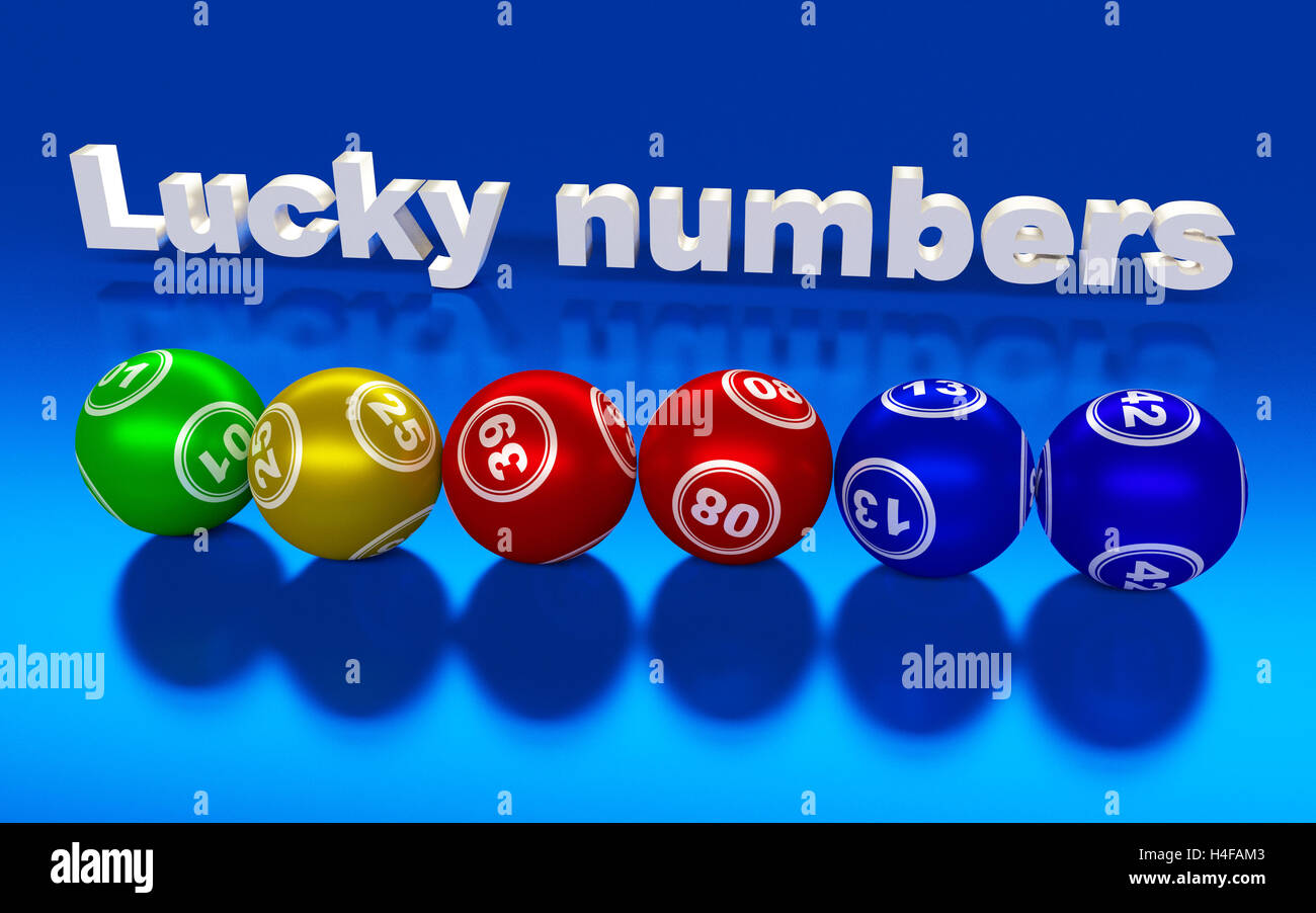Colorful lucky lottery numbers on the blue background. 3D rendering Stock Photo
