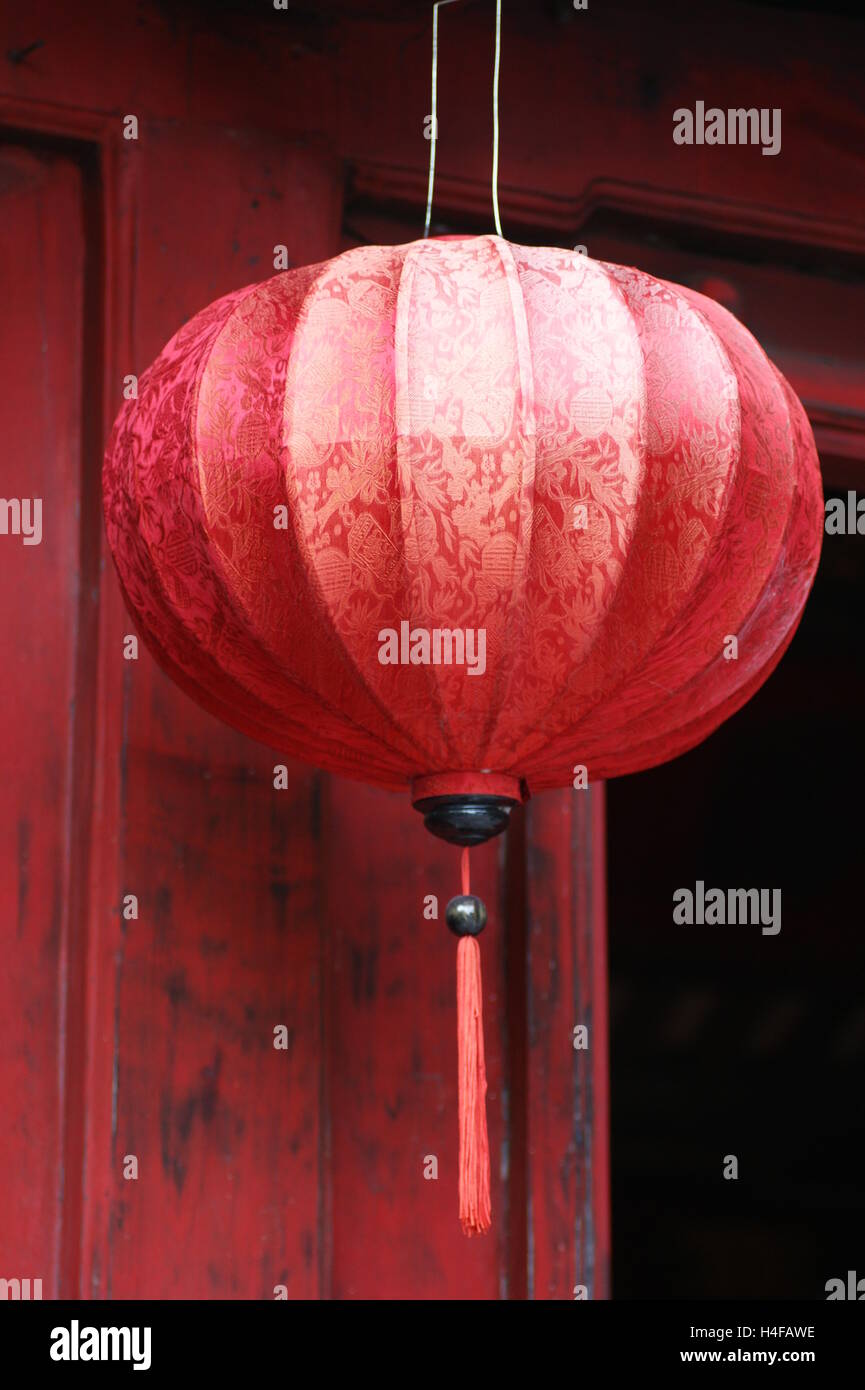 Big red silk lanterns. Ngoc Son Temple in Hanoi, Vietnam Stock Photo