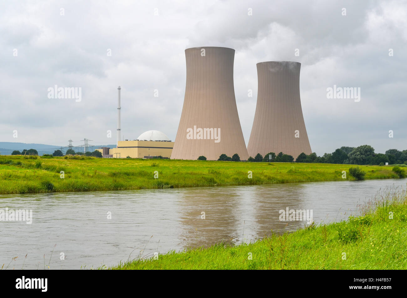 Cooling towers of the Grohnde nuclear powerplant,Germany Stock Photo