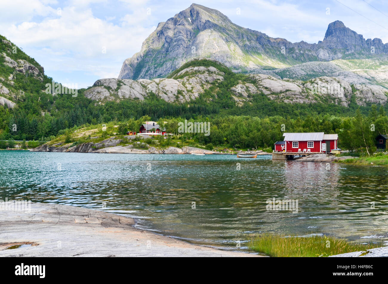 Cabin by the fjord in Northern Norway: outdoors, fjords and mountains Stock Photo