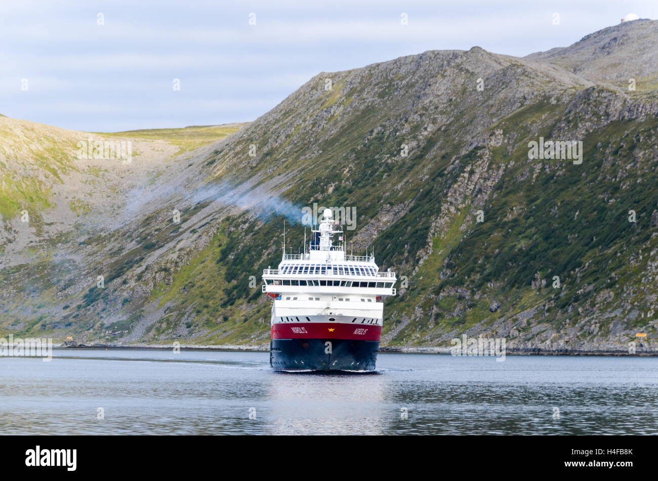 Hurtigruten ferry arriving in the port of Honningsvåg, Magerøya Stock Photo