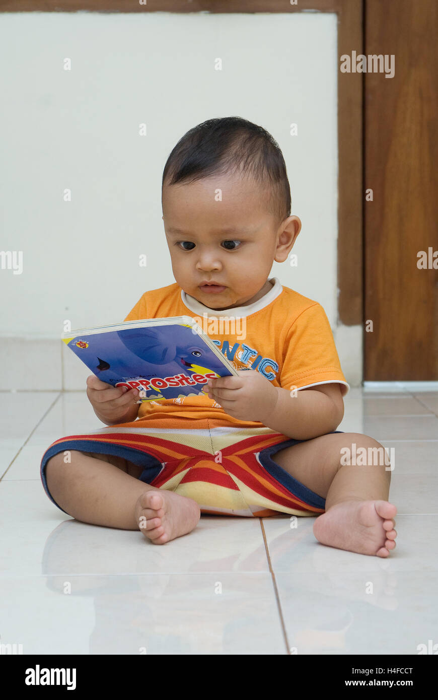 a kids, toddler, learning, playing with animal book,  happy face Stock Photo