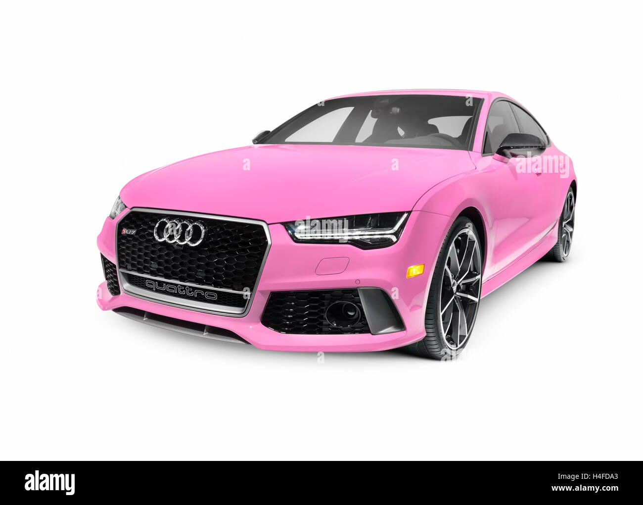 License and prints at MaximImages.com - Bright pink 2016 Audi RS 7 Prestige Quattro Sedan luxury car isolated on white background with clipping path Stock Photo