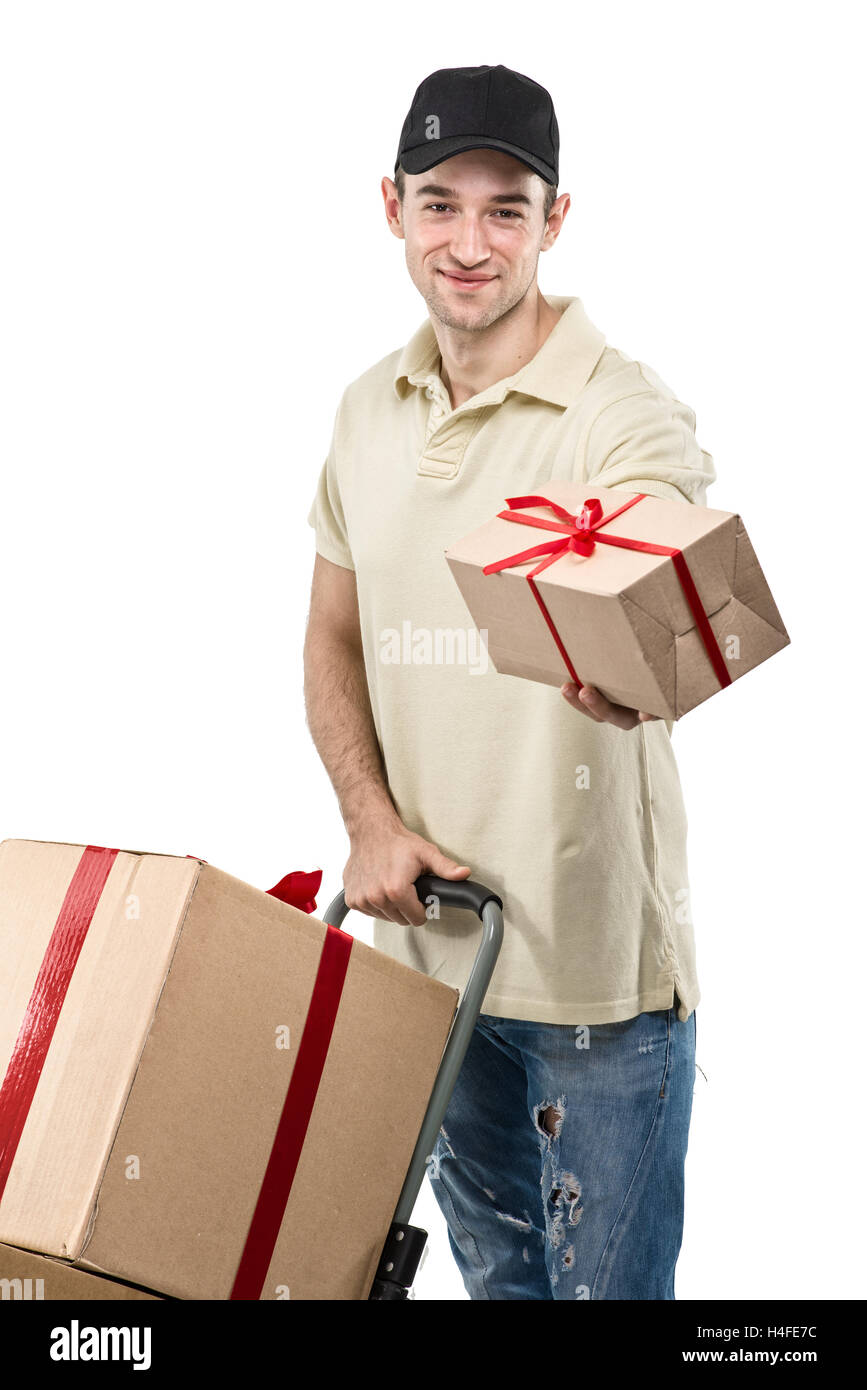 Courier, a handcart gift boxes Stock Photo