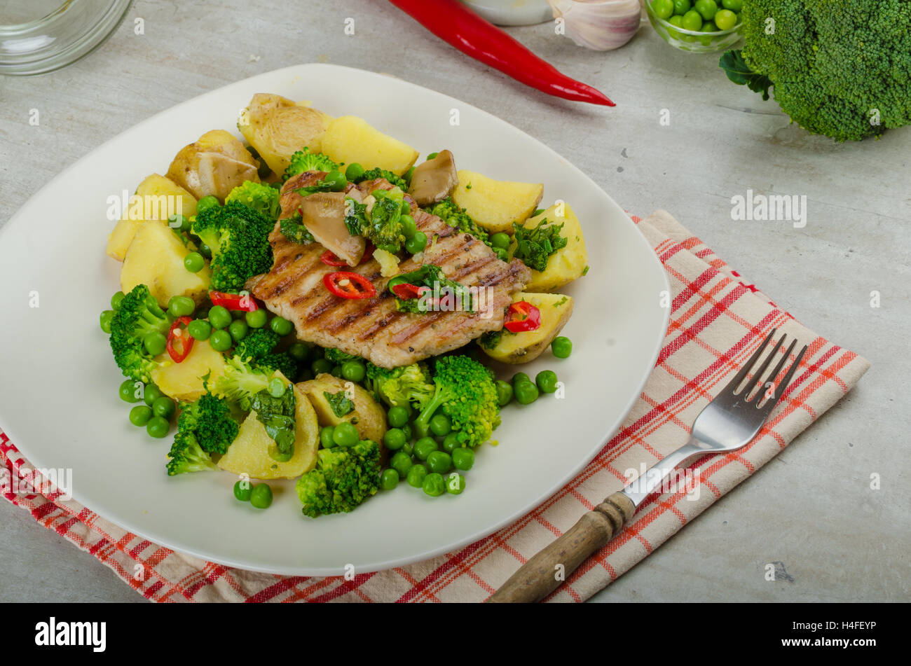 Healthy Pork Escalope with Super Greens, broccoli, peas, pork and