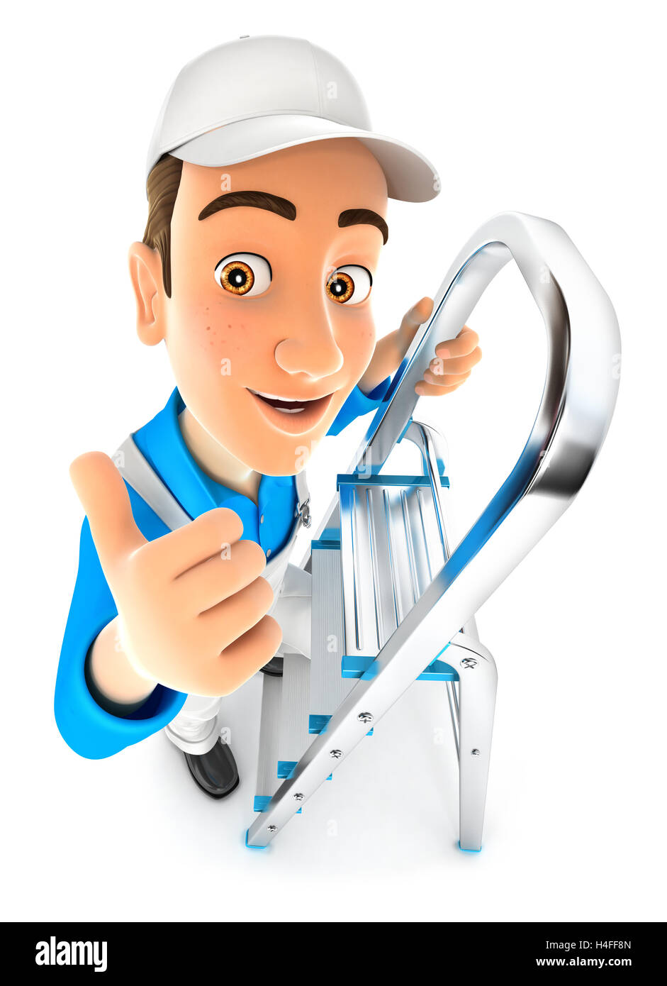 3d painter on stepladder with thumb up, illustration with isolated white background Stock Photo