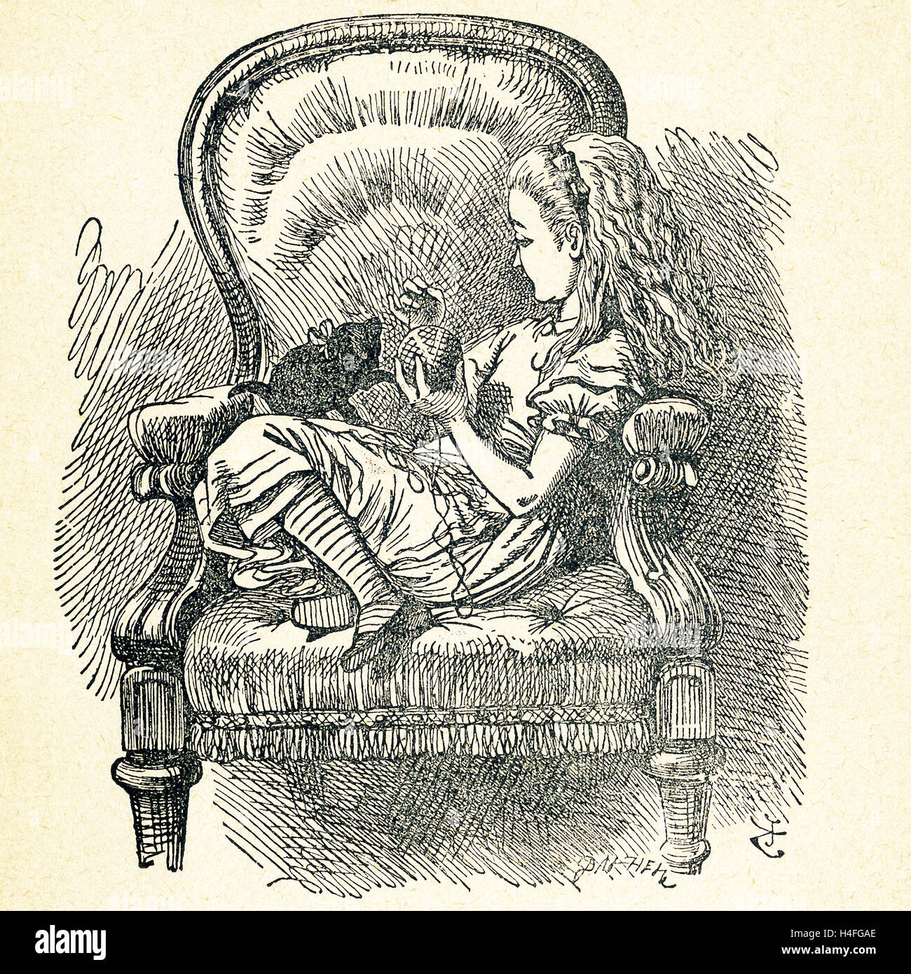 This Illustration Of Alice Sitting With A Black Cat In A