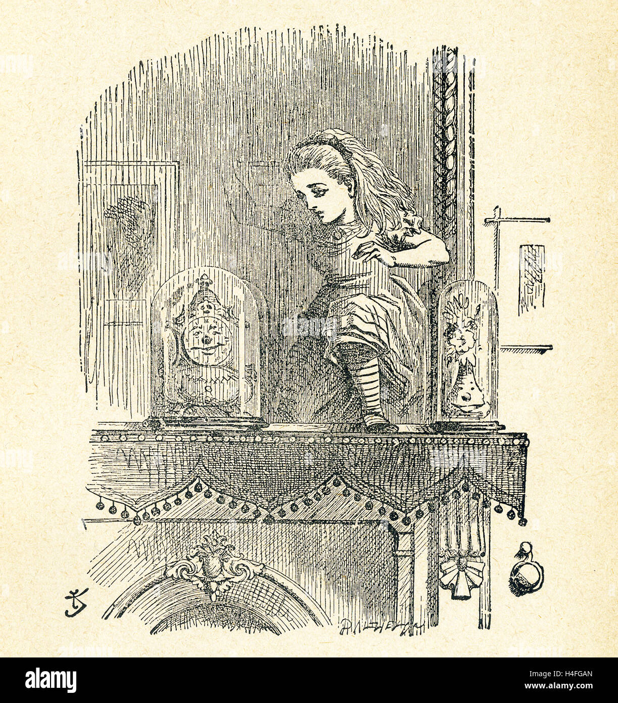 This illustration of Alice poking the looking glass (mirror) and seeing an old man in the clock , not an actual clock as in the room she just left is from 'Through the This illustration of Alice poking poke the looking glass (mirror) and seeing an old man in the clock, not an actual clock as in the room she just left is from 'Through the Looking-Glass and What Alice Found There' by Lewis Carroll (Charles Lutwidge Dodgson), who wrote this novel in 1871 as a sequel to 'Alice's Adventures in Wonderland.' Alice has now stepped through the mantle mirror into another world. Stock Photo