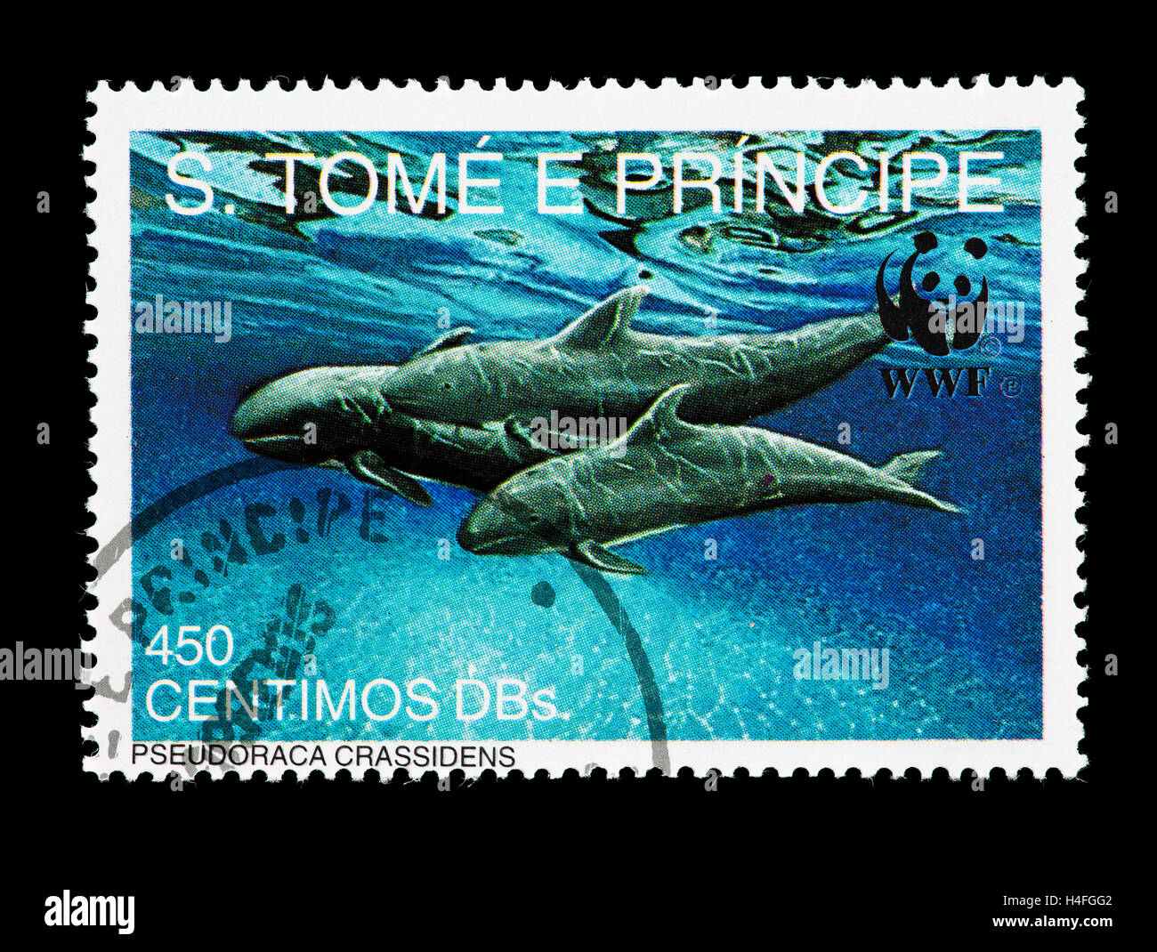 Postage stamp from St. Thomas and Prince Islands depicting false killer whale (Pseudorca crassidens) Stock Photo