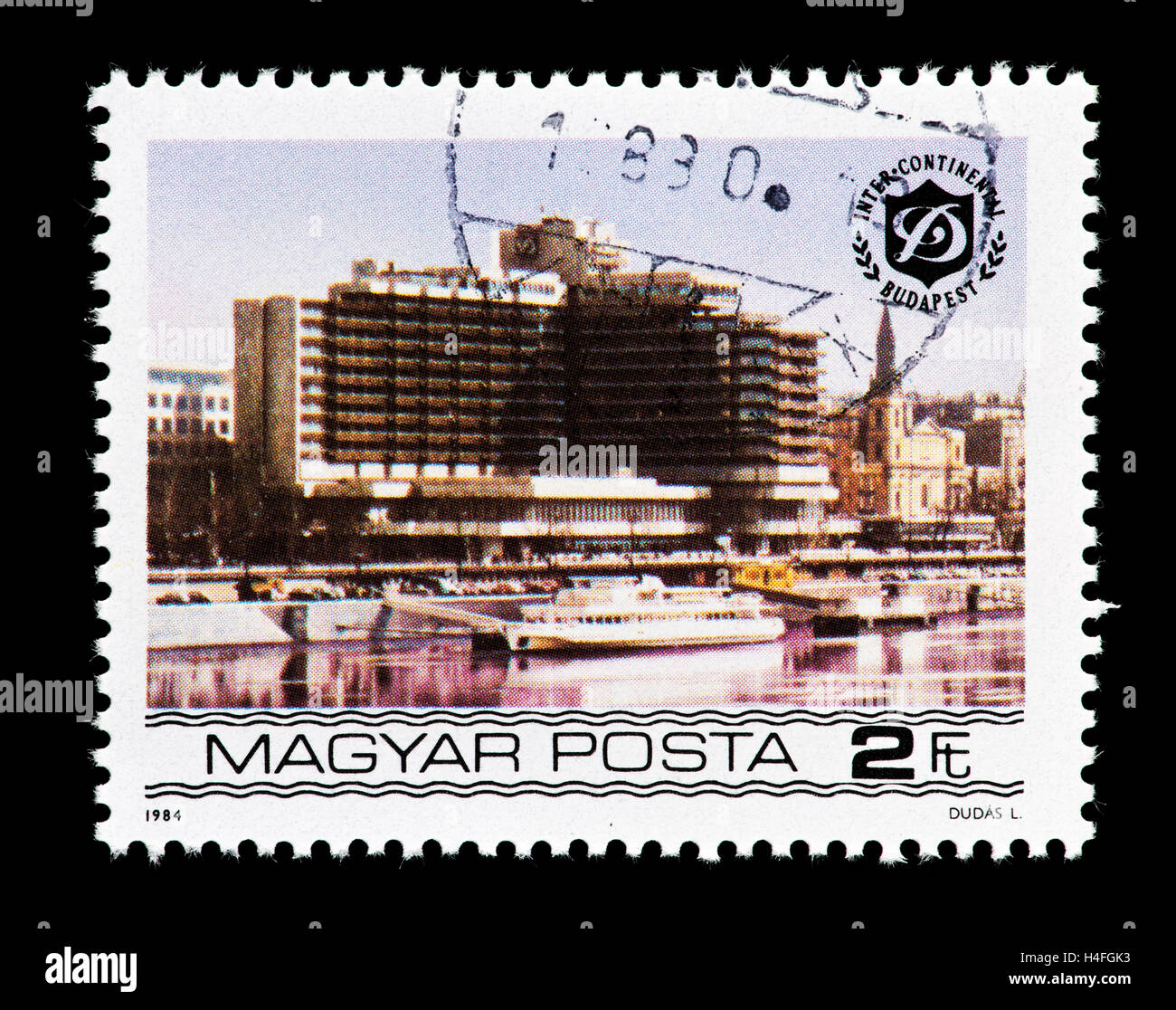 Postage stamp from Hungary depicting the Duna Intercontinental Hotel, riverside Budapest Stock Photo