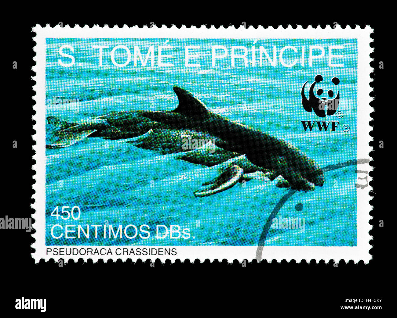Postage stamp from St. Thomas and Prince Islands depicting a false killer whale (Pseudorca crassidens) Stock Photo