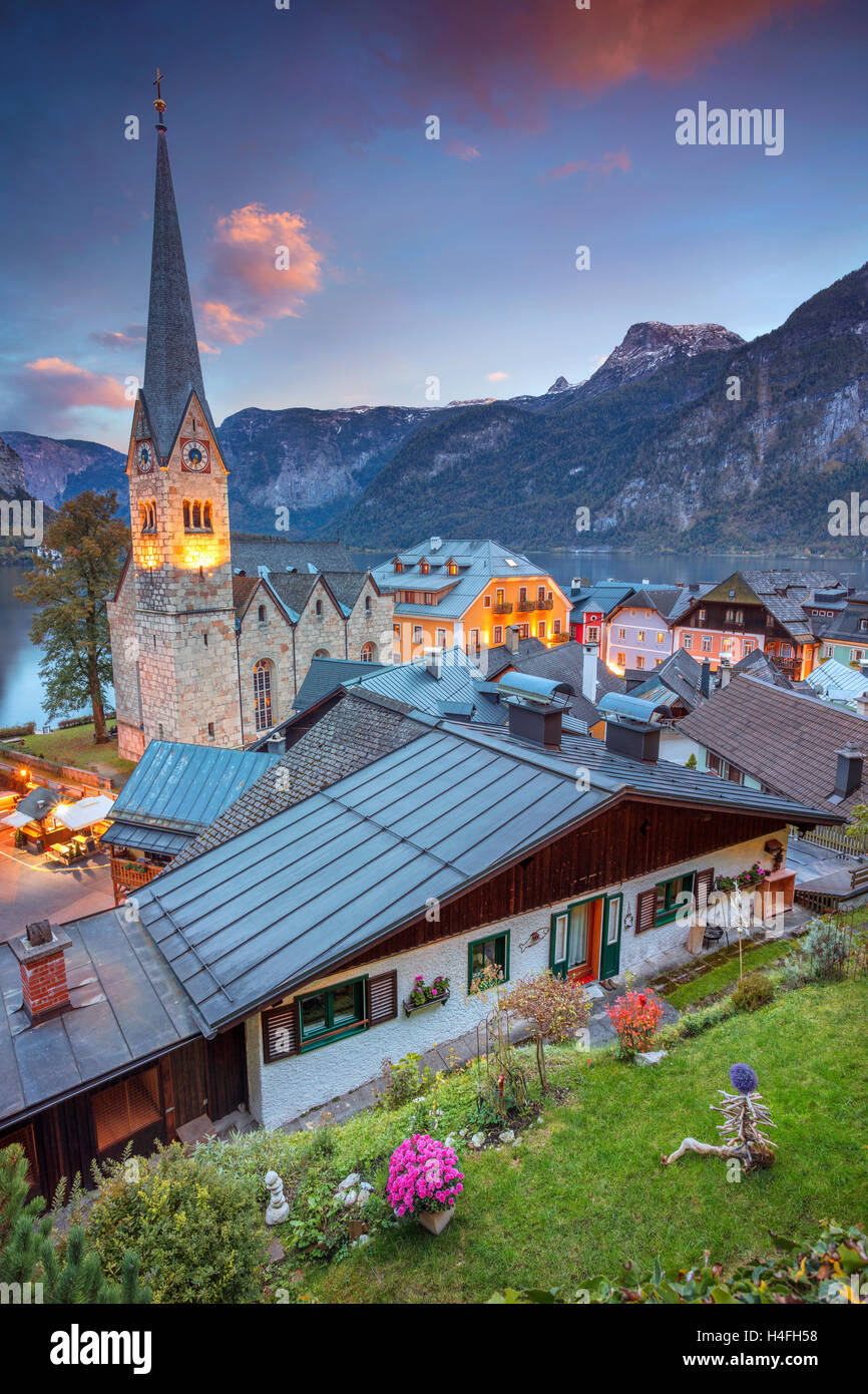 Hallstatt, Austria. Image of famous alpine village Hallstatt during autumn sunset. Stock Photo