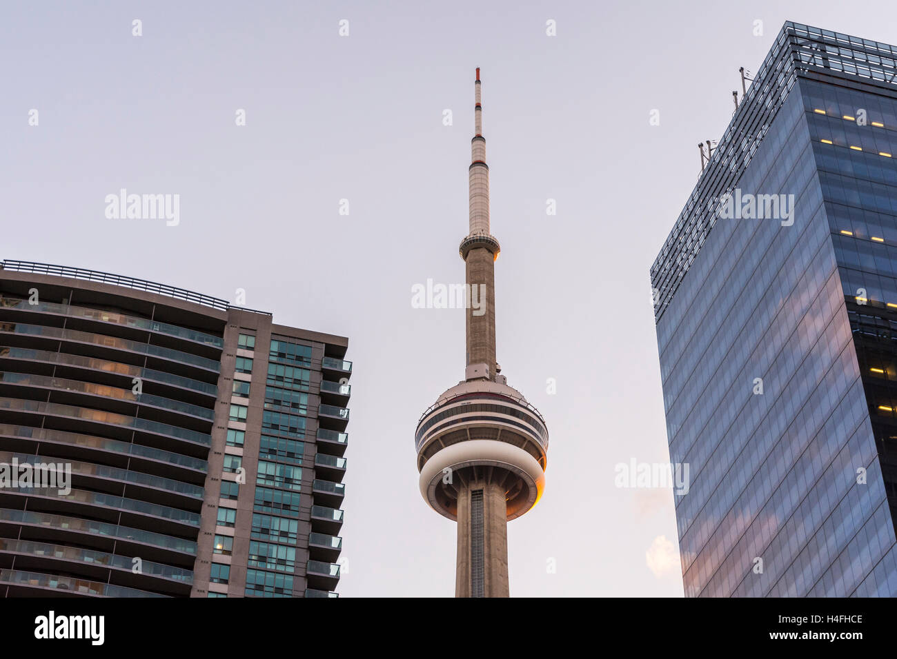 Toronto,Canada-august 2,2015:view of the CN tower in Toronto during a sunset from one of the central street of the city near the Stock Photo