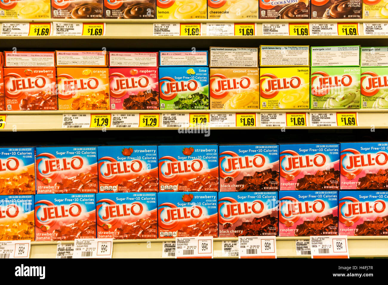 Packets of Jell-O jelly for sale in an American supermarket. Stock Photo