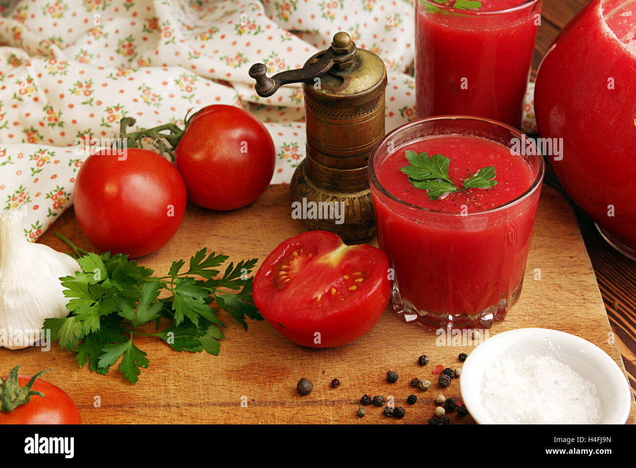 Tomato juice and spices. Ingredient for cooking of tomato soup on