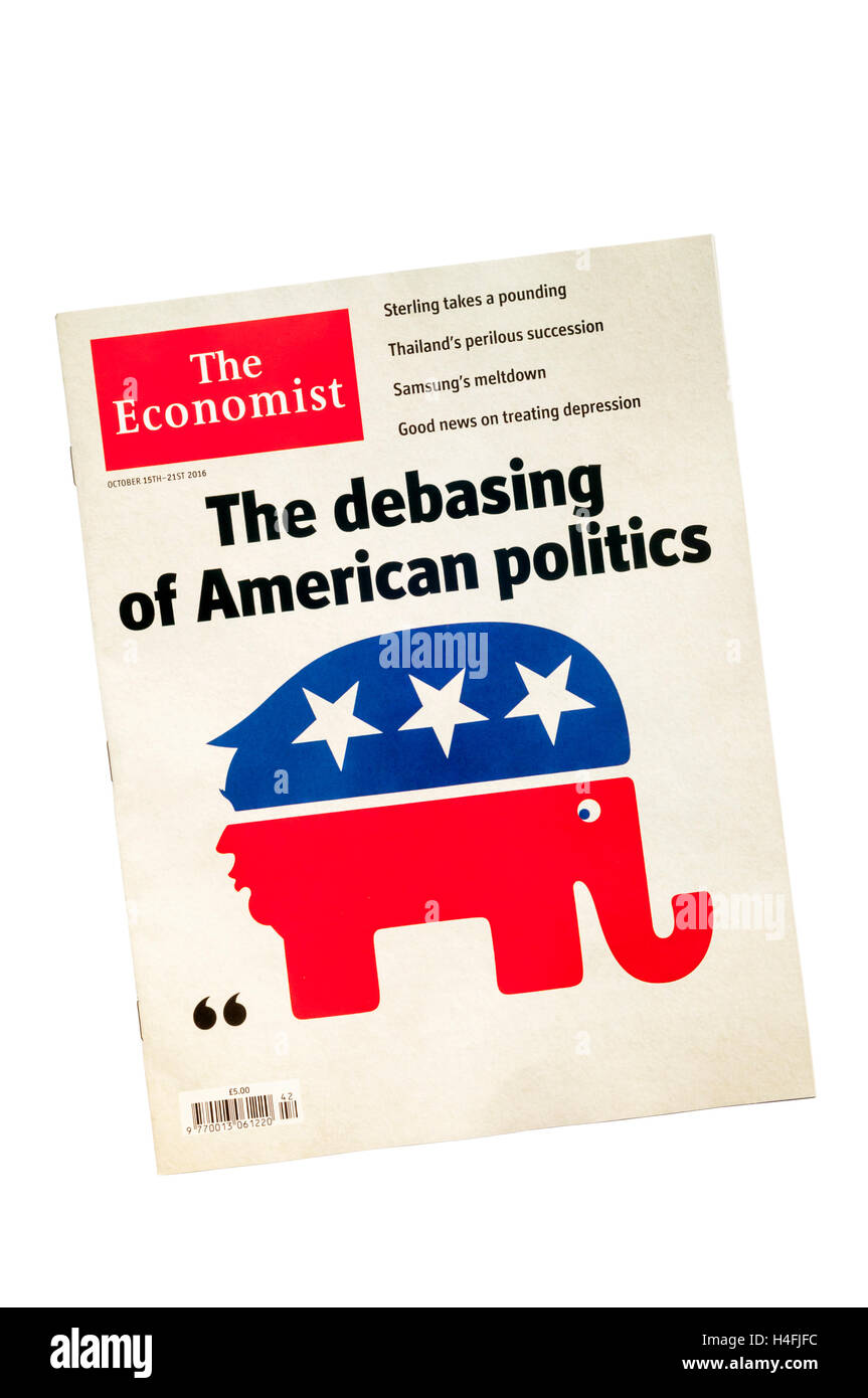 Cover of The Economist has cartoon of Republican elephant featuring face of Donald Trump. Referring to 2016 American election. Stock Photo