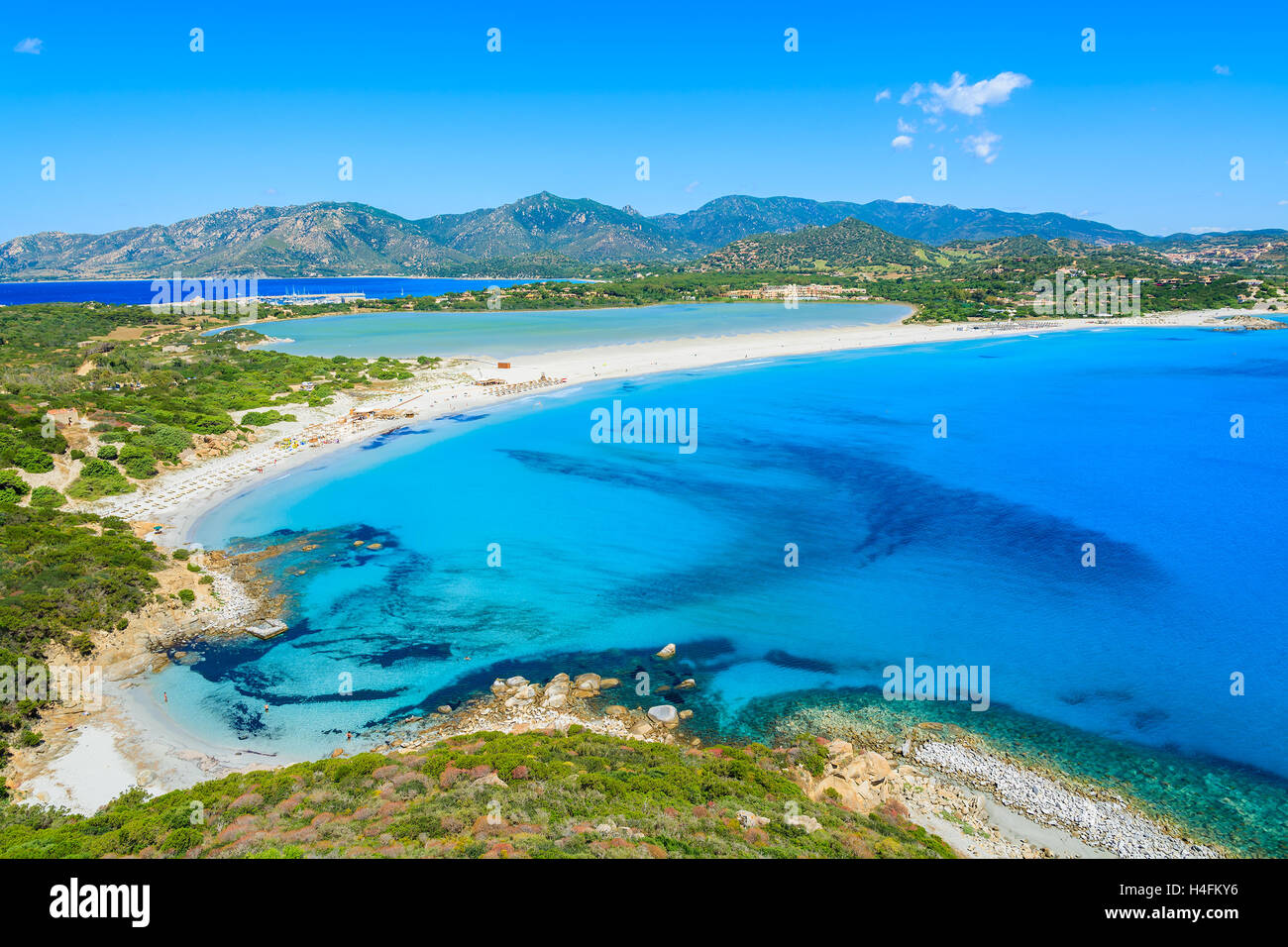 View of a beautiful bay with azure sea  from top of a hill, Villasimius, Sardinia island, Italy Stock Photo
