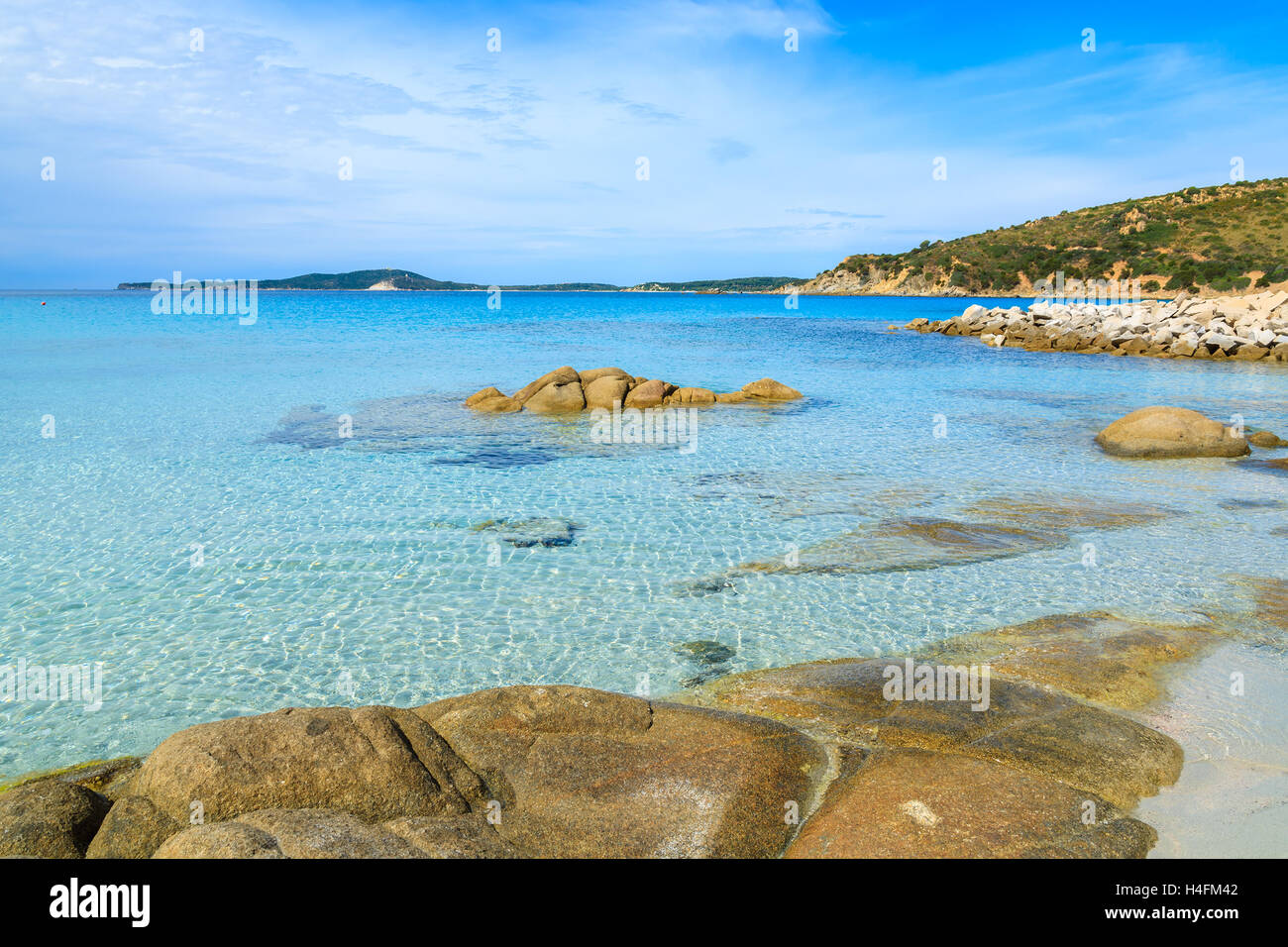 Crystal clear turquoise sea water at Punta Molentis beach, Sardinia