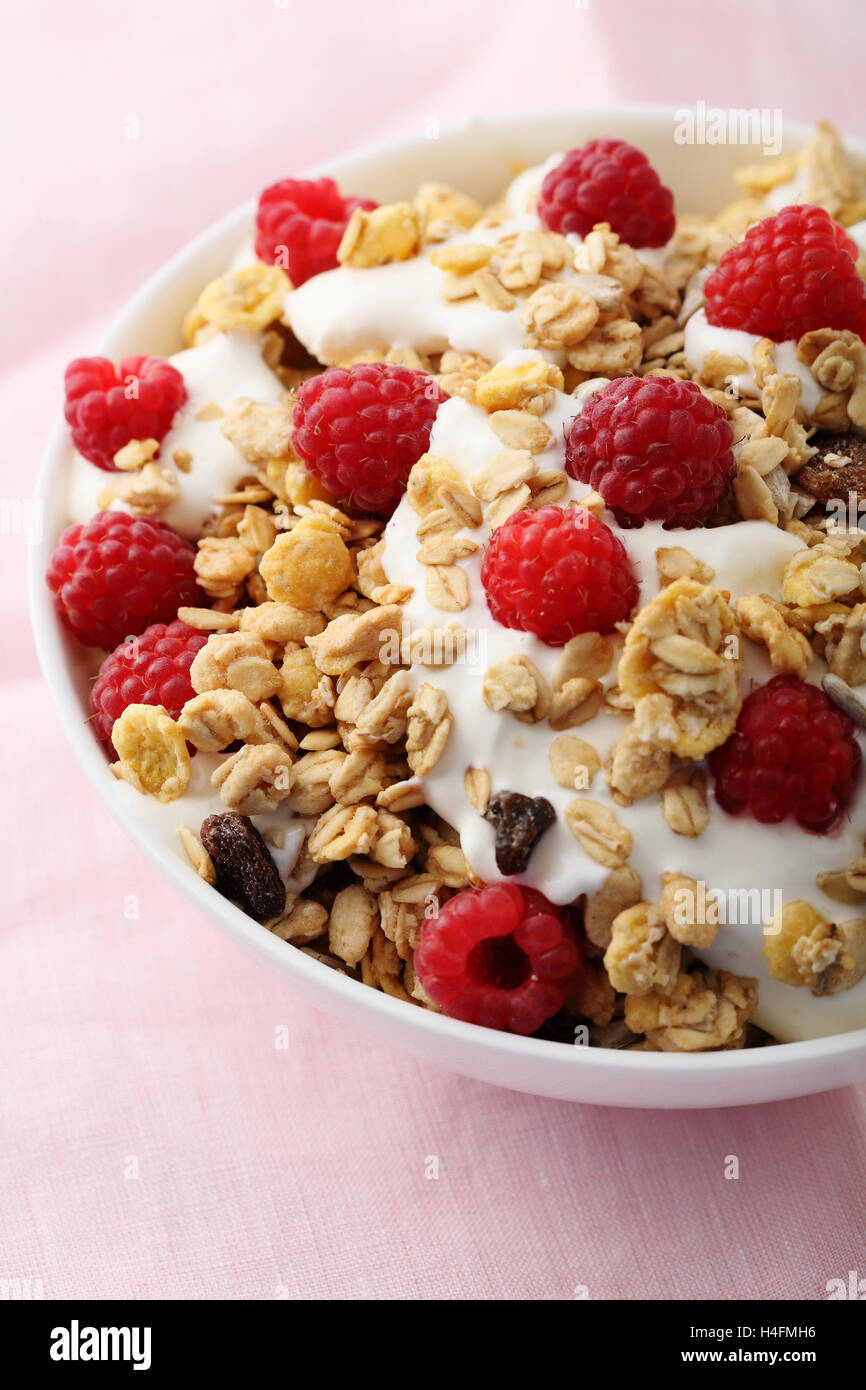 Healthy granola with berry and yogurt, food close-up Stock Photo
